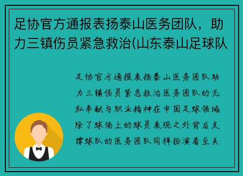 足协官方通报表扬泰山医务团队，助力三镇伤员紧急救治(山东泰山足球队人员名单)