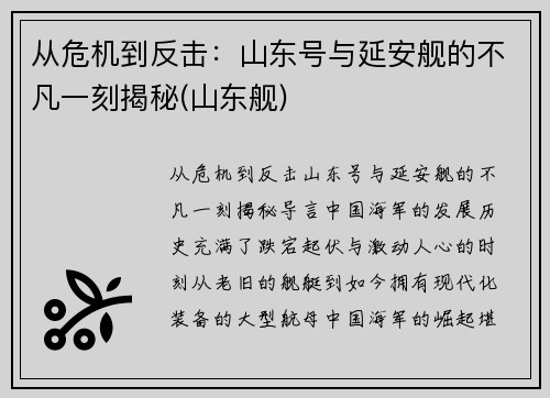 从危机到反击：山东号与延安舰的不凡一刻揭秘(山东舰)