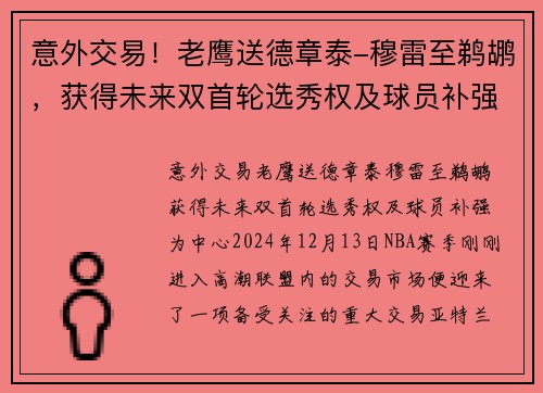 意外交易！老鹰送德章泰-穆雷至鹈鹕，获得未来双首轮选秀权及球员补强