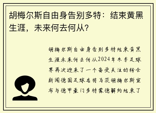 胡梅尔斯自由身告别多特：结束黄黑生涯，未来何去何从？