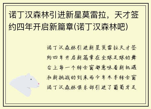 诺丁汉森林引进新星莫雷拉，天才签约四年开启新篇章(诺丁汉森林吧)