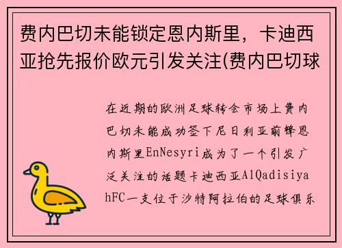 费内巴切未能锁定恩内斯里，卡迪西亚抢先报价欧元引发关注(费内巴切球衣2021)